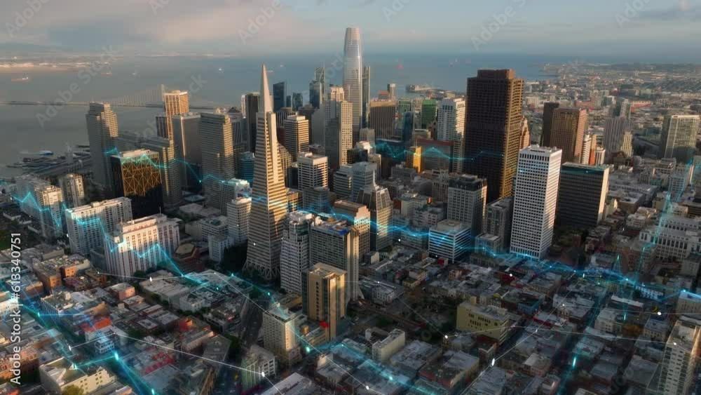 Group of business downtown skyscrapers lit by golden hour sunshine. Digital lines and charts, analysing collected data visual effects. San Francisco, California, USA