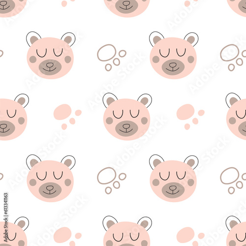Cute doodle teddy bears seamless pattern for babies textile fabric. Children pajamas seamless pet design.