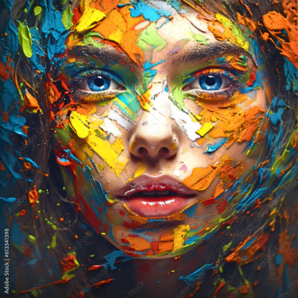 Obraz premium Beautiful woman's face a mixture of bright colors. Render 3d mosaic painting. Abstract multicolored artwork. Renderind image.