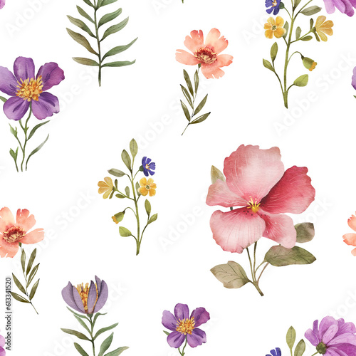 Seamless pattern with multi-colored flowers. watercolor illustrations.