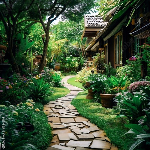 Sunny Natural Simple Curving Landscaped Home Garden Walkway Foot Path Leading to Private House Outdoor Exterior Entry Entrance Front Door Flower Bush Plant Green Grass Lawn Summer Garden Generative AI