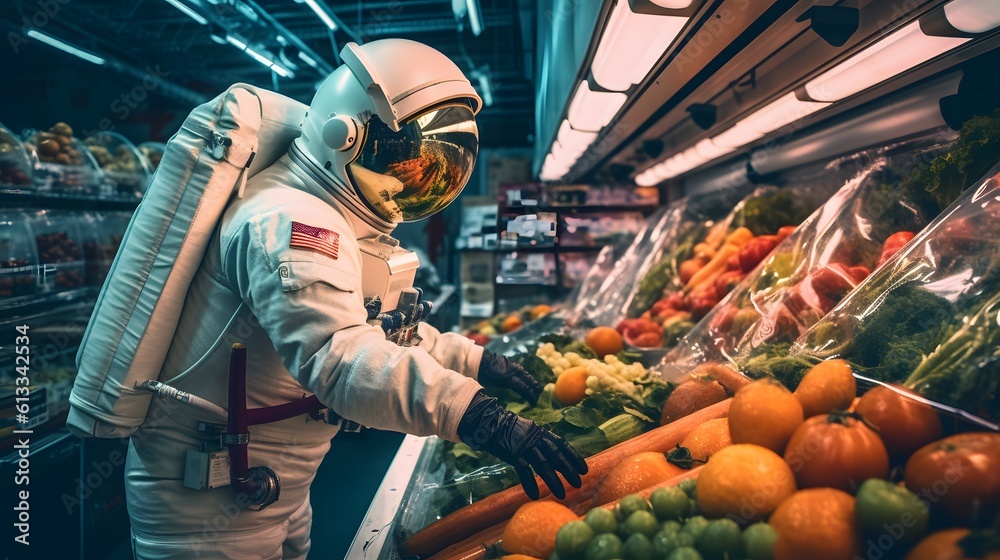 Astronaut in a space suit carefully selecting and inspecting fresh vegetables at a local market. Generative AI