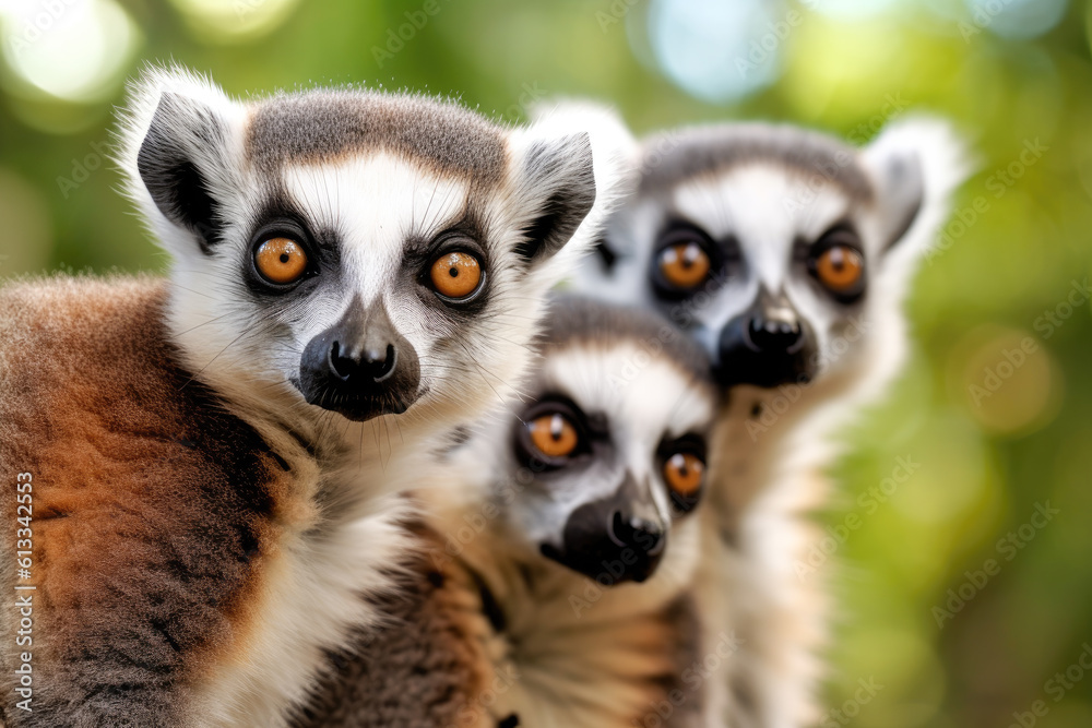 Three ring tailed lemurs looking at the camera Three ring tailed lemurs looking at the camera