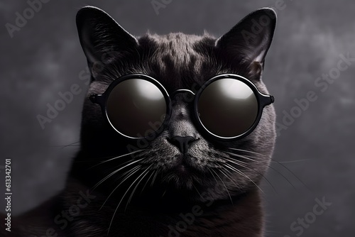 Close up of a black cat wearing glasses and a human face with black eyes in the style of quirky pictures. Generative AI © Elmi