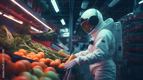 Fresh veggies are being carefully chosen and inspected by an astronaut in a space suit at a nearby market. Generative AI