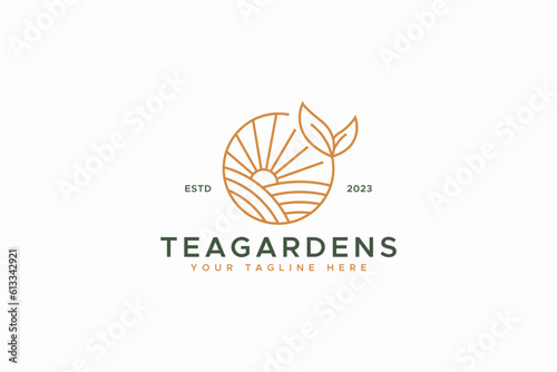 Tea Garden Fresh Field In The Morning with Sunrise Logo Concept