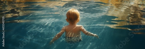 Viewed from behind, a cute baby is swimming in the water. Generative AI