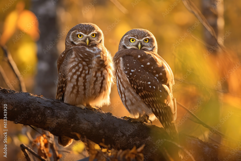 Fototapeta premium Two cute owls sitting on a branch in an autumn forest