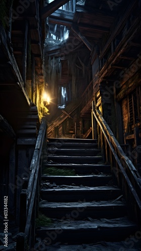A deteriorating wooden stairway leads to an unknown destination. Generative AI