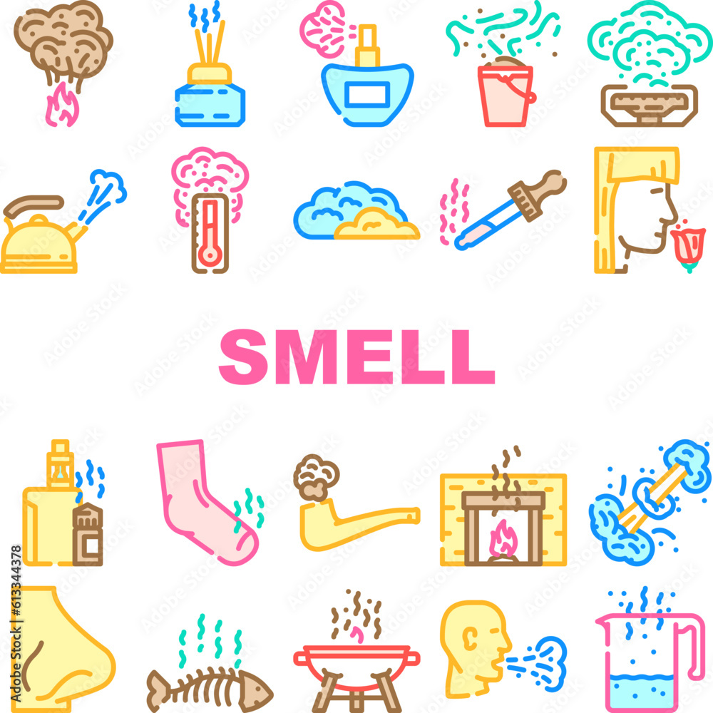 smell nose aroma odor icons set vector. sense gas, air line, smoke cloud, fragrance fresh, bad loss, anosmia fart, woman smell nose aroma odor color line illustrations