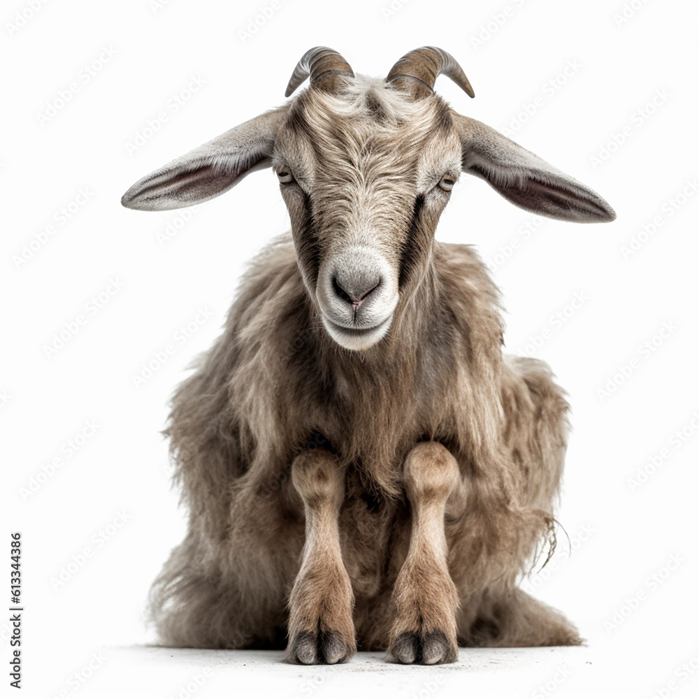 smiling goat with horns on a white background, generative AI