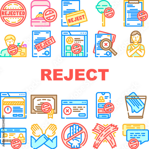 reject deny document cancel icons set vector. business stamp, man negative, x hand, wrong delete, cros, decline, approve seal reject deny document cancel color line illustrations