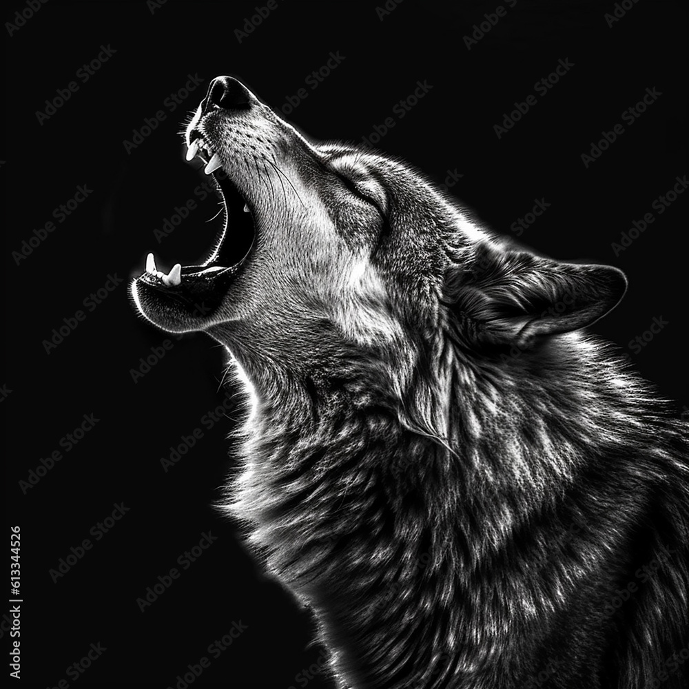 black and white wolf howling at the moon in drawing style, generative