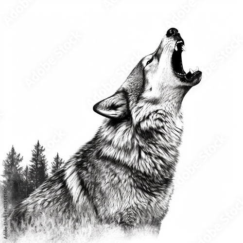 black and white wolf howling at the moon in drawing style, generative AI