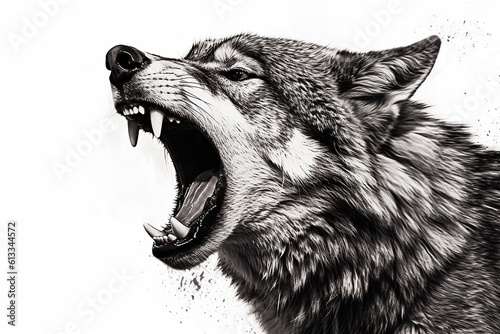 black and white wolf howling at the moon in drawing style, generative AI