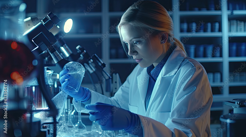 Scientist examining sample in beaker in laboratory. Generative AI Scientist examining sample in beaker in laboratory. Generative AI