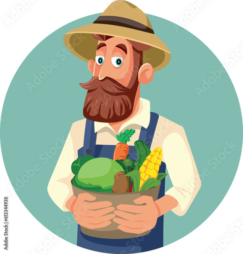 Happy Farmer Holding a Basket of Vegetables Vector Cartoon Illustration. Cheerful man having fun harvesting his own fresh grown crop
