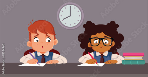Student Cheating on a Test Copying from Classmate Vector Cartoon Illustration. Cheating classmate trying to steal the work of another pupil
