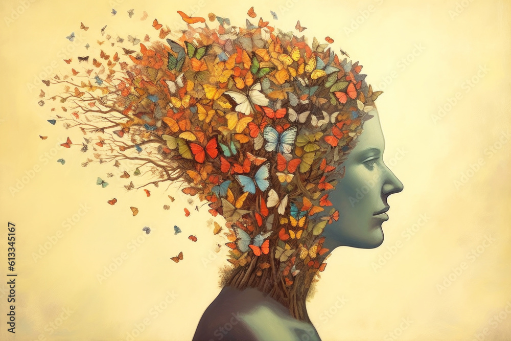 Conceptual image of a person's head made out of butterflies. Generative AI. Conceptual image of a person's head made out of butterflies. Generative AI.