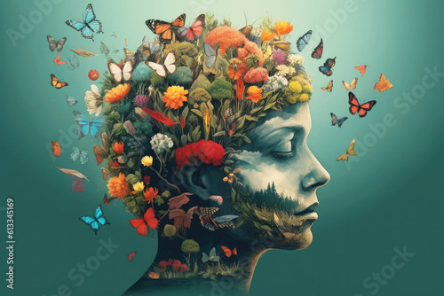 Conceptual image of a person's head made out of butterflies and flowers Generative AI. photo