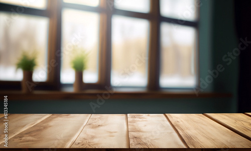 Wooden table on defocused windowsill background