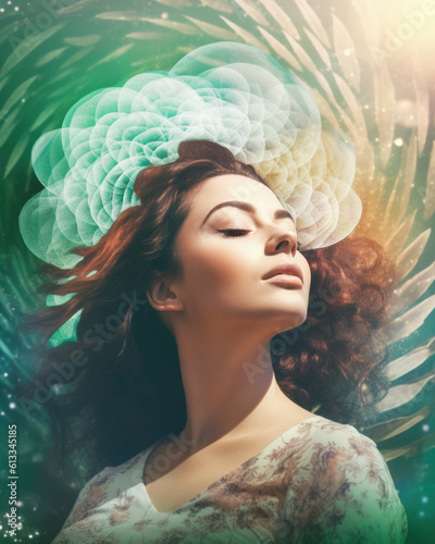 Conceptual image of woman with graphic swirling energy around her. Generative AI.