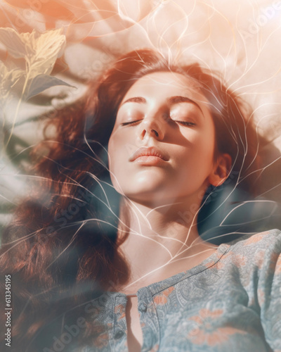 Conceptual image of woman with energy and nature swirling energy around her. Generative AI.