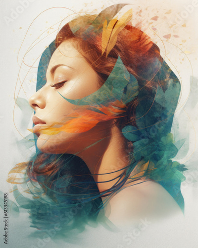 Fashion image of woman with graphics and nature swirling energy around her. Generative AI. photo