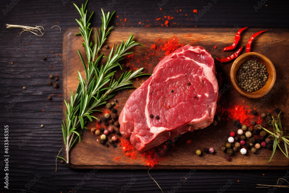 fresh meat grill beef dark raw food fried steak red background. Generative AI.