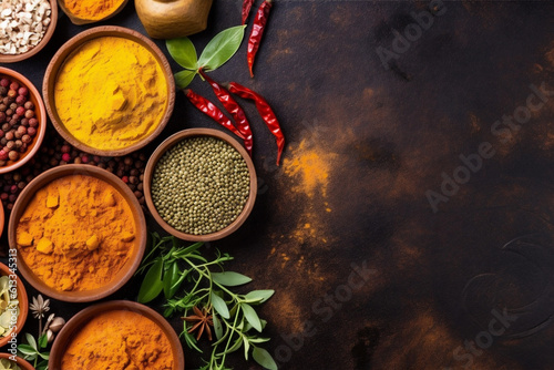 background indian ingredient powder spice seasoning herb cooking food chili dry. Generative AI.