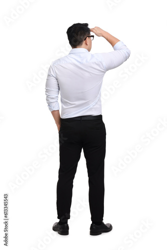 Businessman in formal clothes on white background, back view