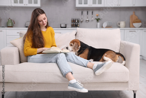 Beautiful young woman reading book near her cute Beagle dog on couch at home. Lovely pet