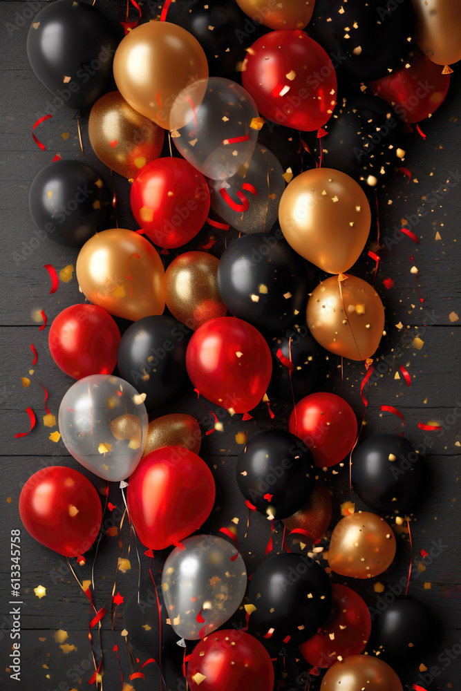 red, black and gold balloons against a black wall red, black and gold balloons against a black wall