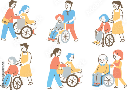 車椅子に乗る人を介助する人たち_セット_色