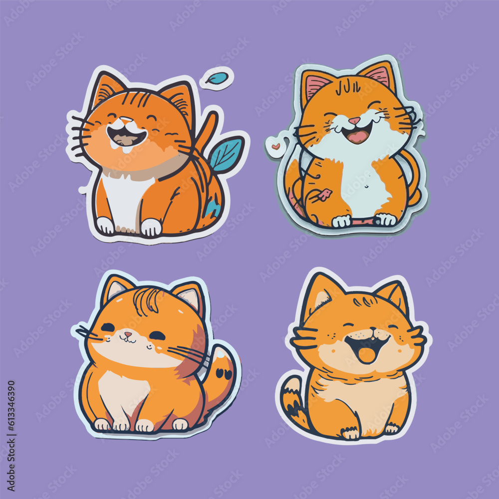 Set of cute happy cats sticker. Hand-drawn vector doodle drawings, cute kittens.
