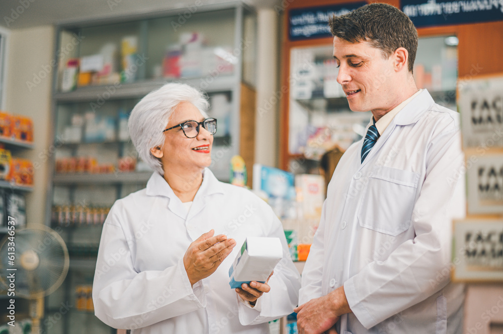 skilled pharmacist is consulting, analyzing the use of drugs to recommend and supervise patients according to prescriptions in modern pharmacies. skilled pharmacist is consulting, analyzing the use of drugs to recommend and supervise patients according to prescriptions in modern pharmacies.