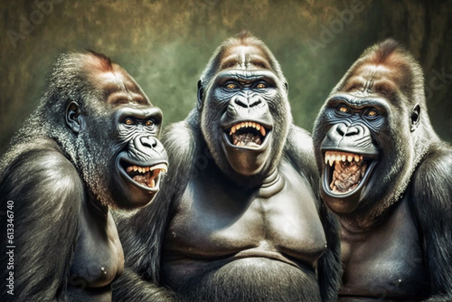 Portrait of realistic and adorable 3 Gorillas with smile Illustration. Funny smiling animal face. Hilarious, humorous, entertaining animals, Heartwarming concept. Made with Generative AI