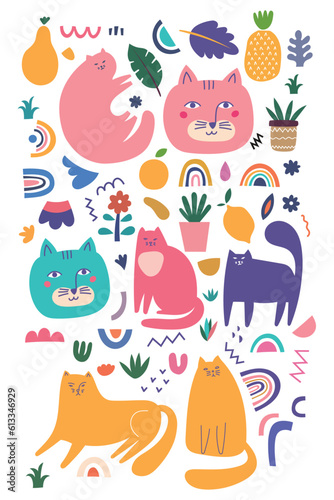 Fototapeta Naklejka Na Ścianę i Meble -  Popular Cats doodle drawing funny set vector illustrations