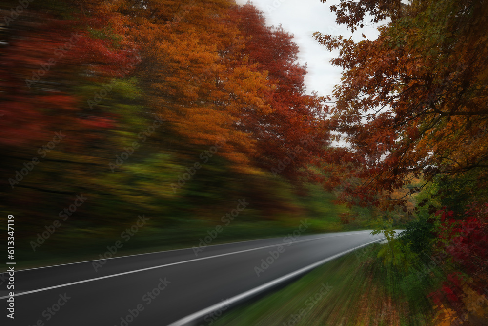 Naklejka premium Asphalt country road in autumn, motion blur effect