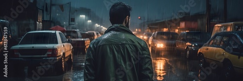 Back view of a rugged pensive man observing the rain of vehicles. Generative AI