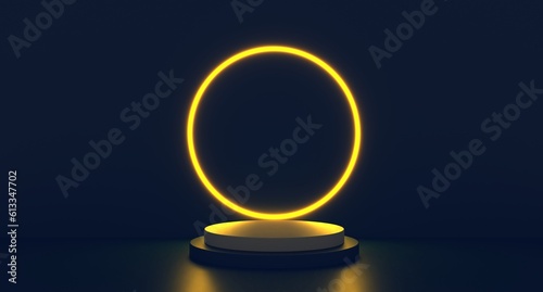 Blue realistic 3d cylinder stand podium with glowing neon in circle shape. Abstract 3D Rendering rendering geometric forms. Minimal scene. Stage showcase, Mockup product display. © adobedesigner