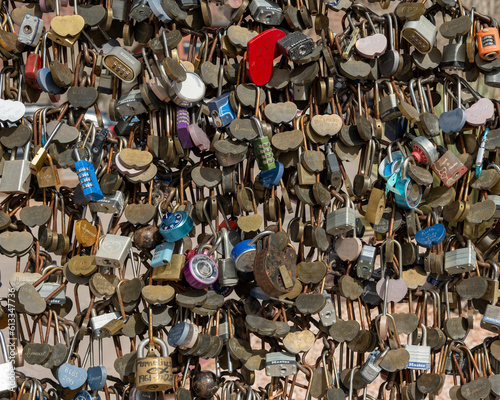 Abstract photograph of pad locks being used as art. 