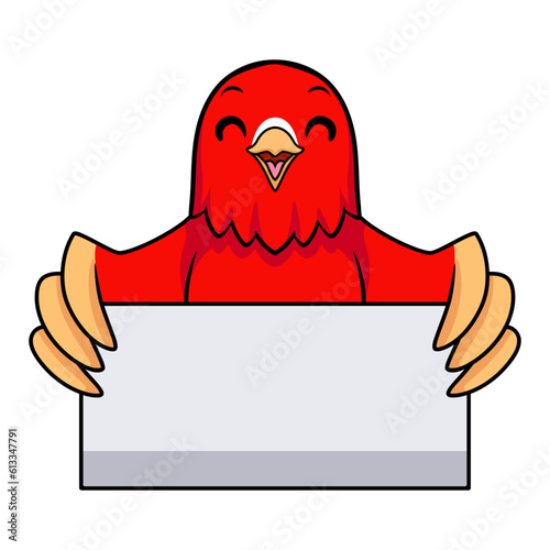 Cute red suffusion lovebird cartoon holding blank sign