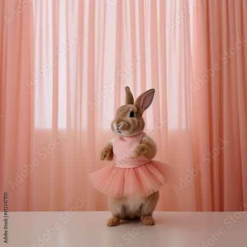 A dress up rabbit in ballet colorful polka dot shirt and pink tutu skirt