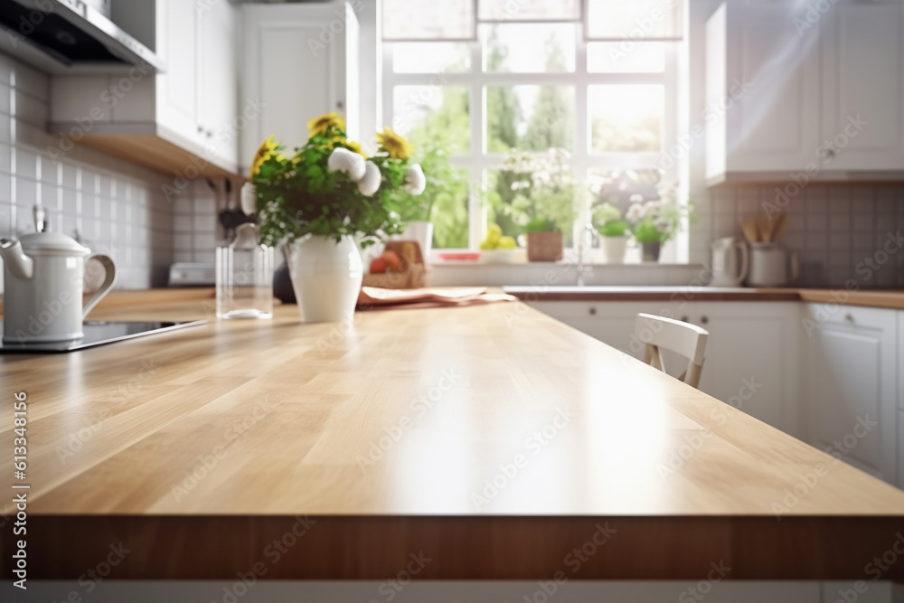 Cozy kitchen interior background with attractive brown tabletop in the foreground. Generative AI image. Cozy kitchen interior background with attractive brown tabletop in the foreground. Generative AI image.