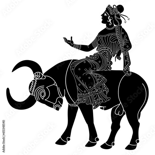 The Rape of Europa. Ancient Greek mythology. God Zeus as bull carrying a pretty girl. Black and white silhouette.