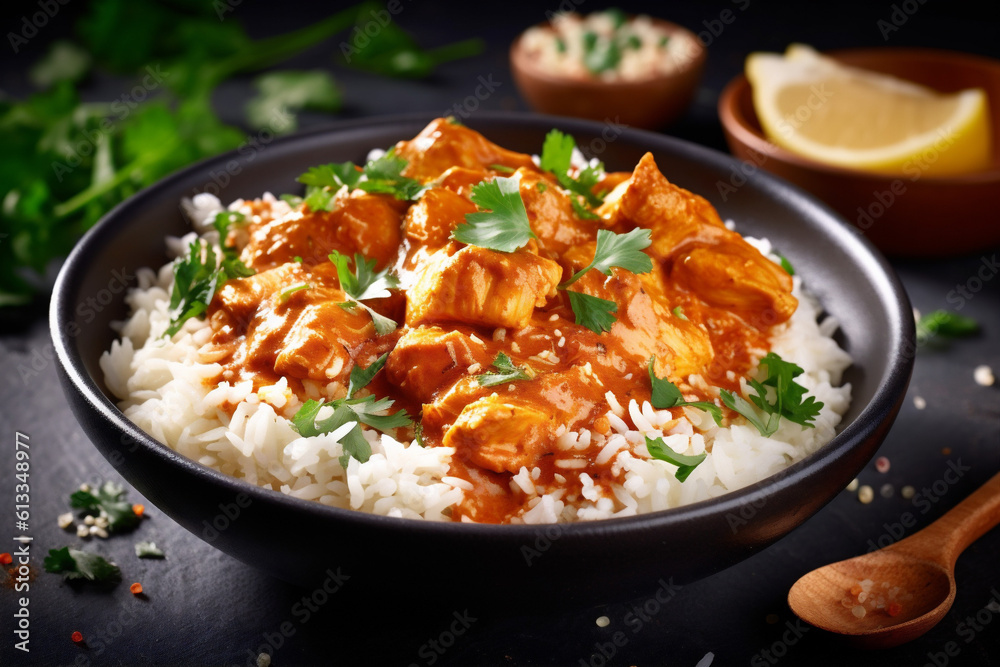 rice traditional dark indian basmati background asian masala sauce hot chicken. Generative AI.