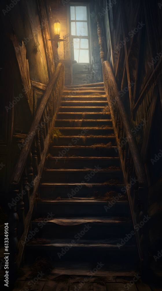 A deteriorating wooden staircase heading to an unknown location. Generative AI