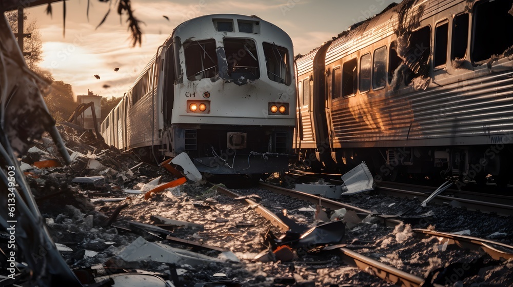 A photograph depicts the aftermath of a train collision, displaying the