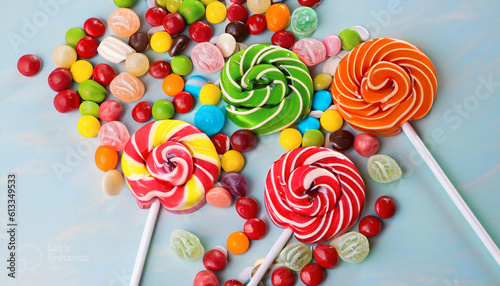 Photo colorful lollipops and different colored round candy. Top view.